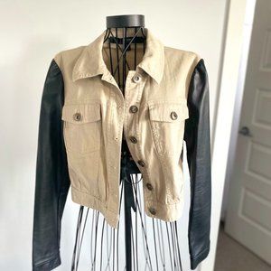 Kensie | Crop tan denim and faux leather jacket